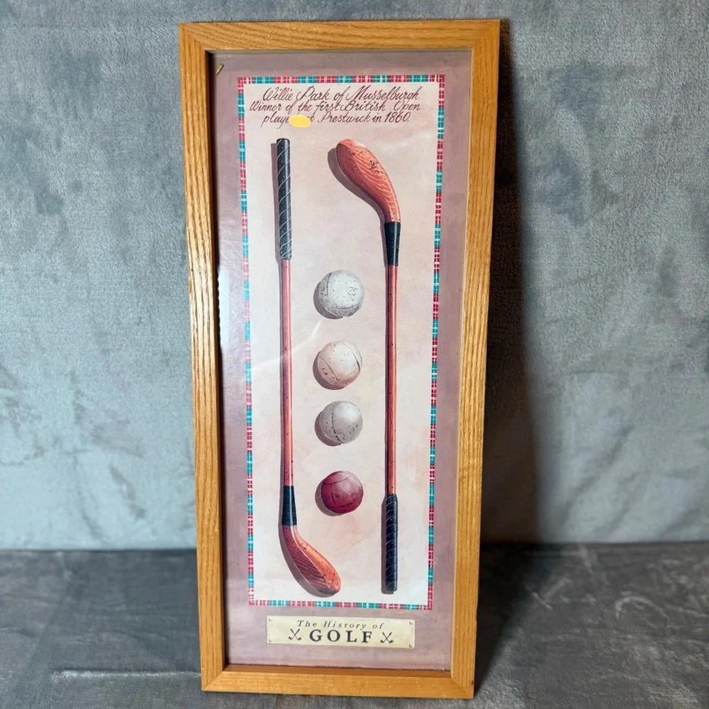 Vintage Golf Print Wall Art - Oak Frame, Pink Accents